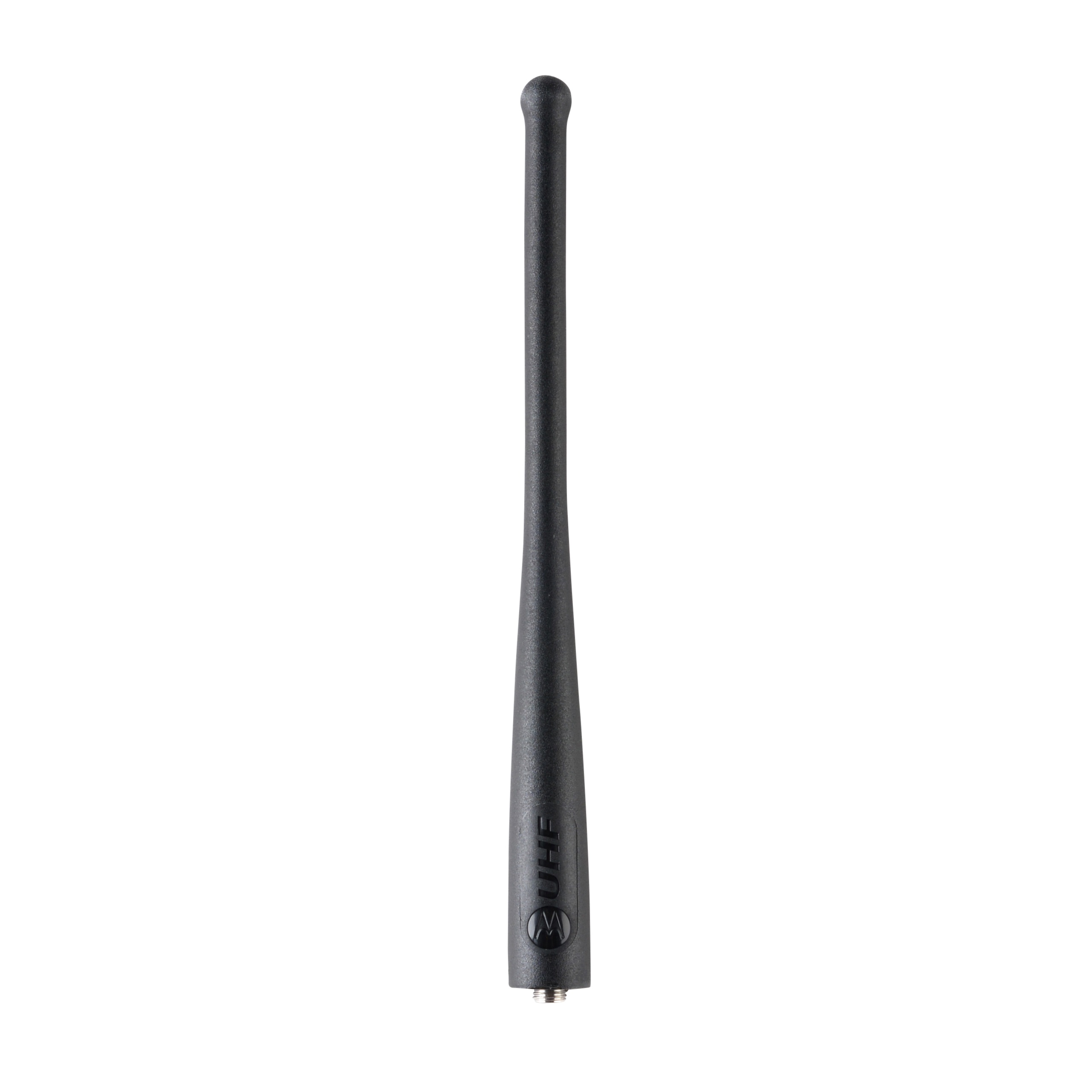 Zwarte UHF-antenne, slank, cilindrisch, met afgeronde punt.