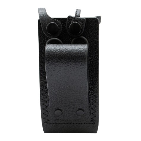 Zwart leren hoesje met riemclip en drukknopen.