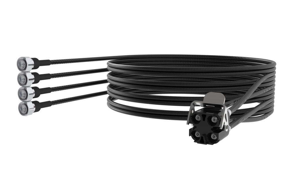 Black cable with four connectors, coiled, attachment at end.