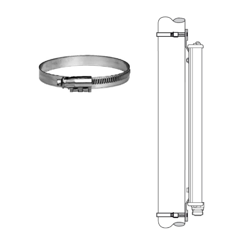 7000-00752055_h-s_01.png Metalen slangklem naast technische schets van cilinder met klemmen.