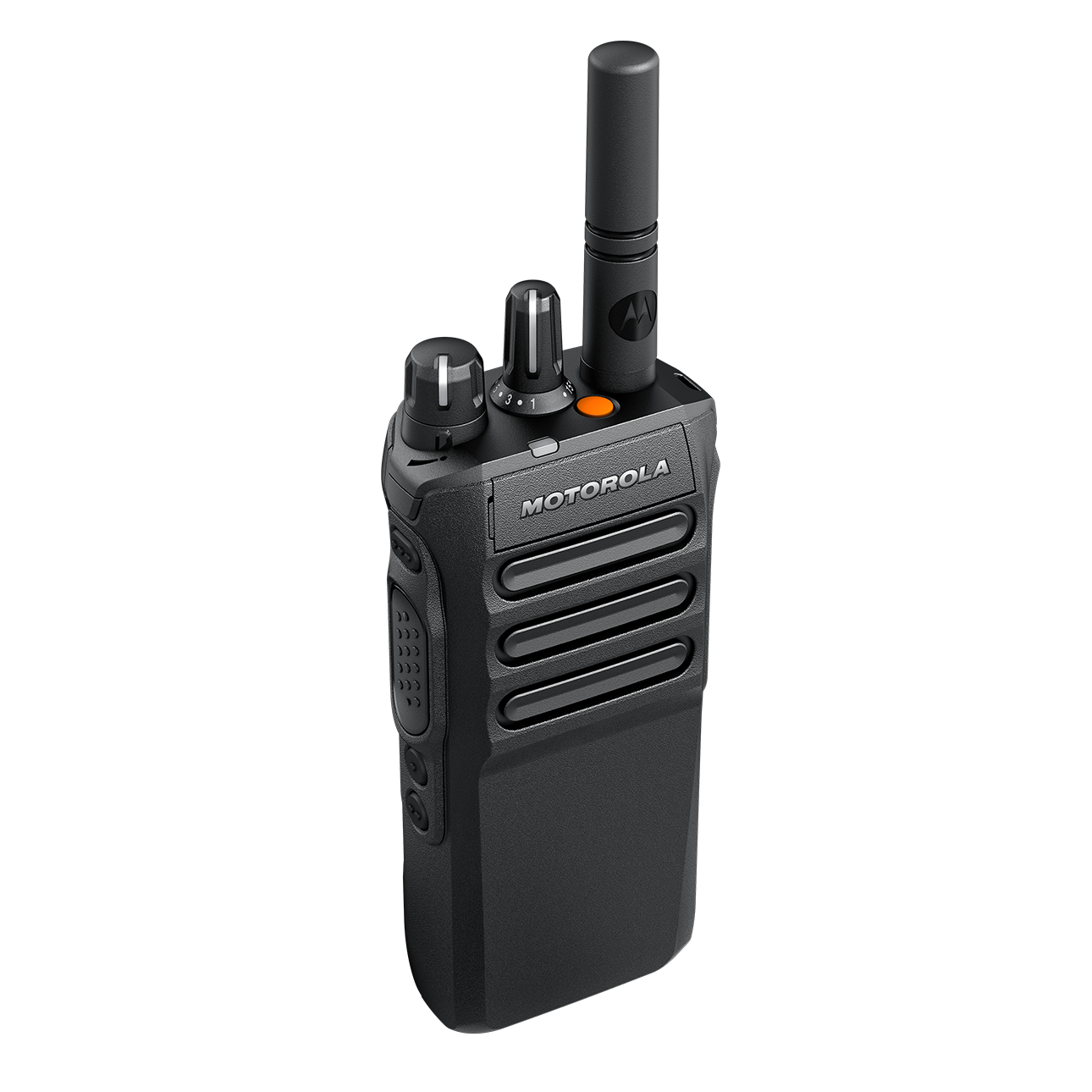 Walkie-talkie with antenna, two knobs, and one button.