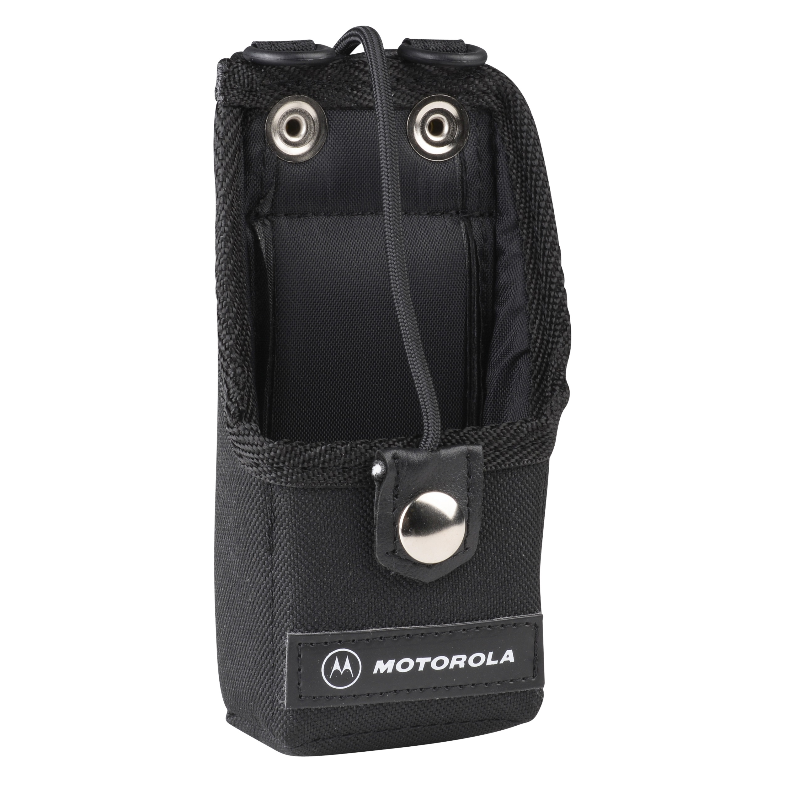 Black radio case with open top and button closure.