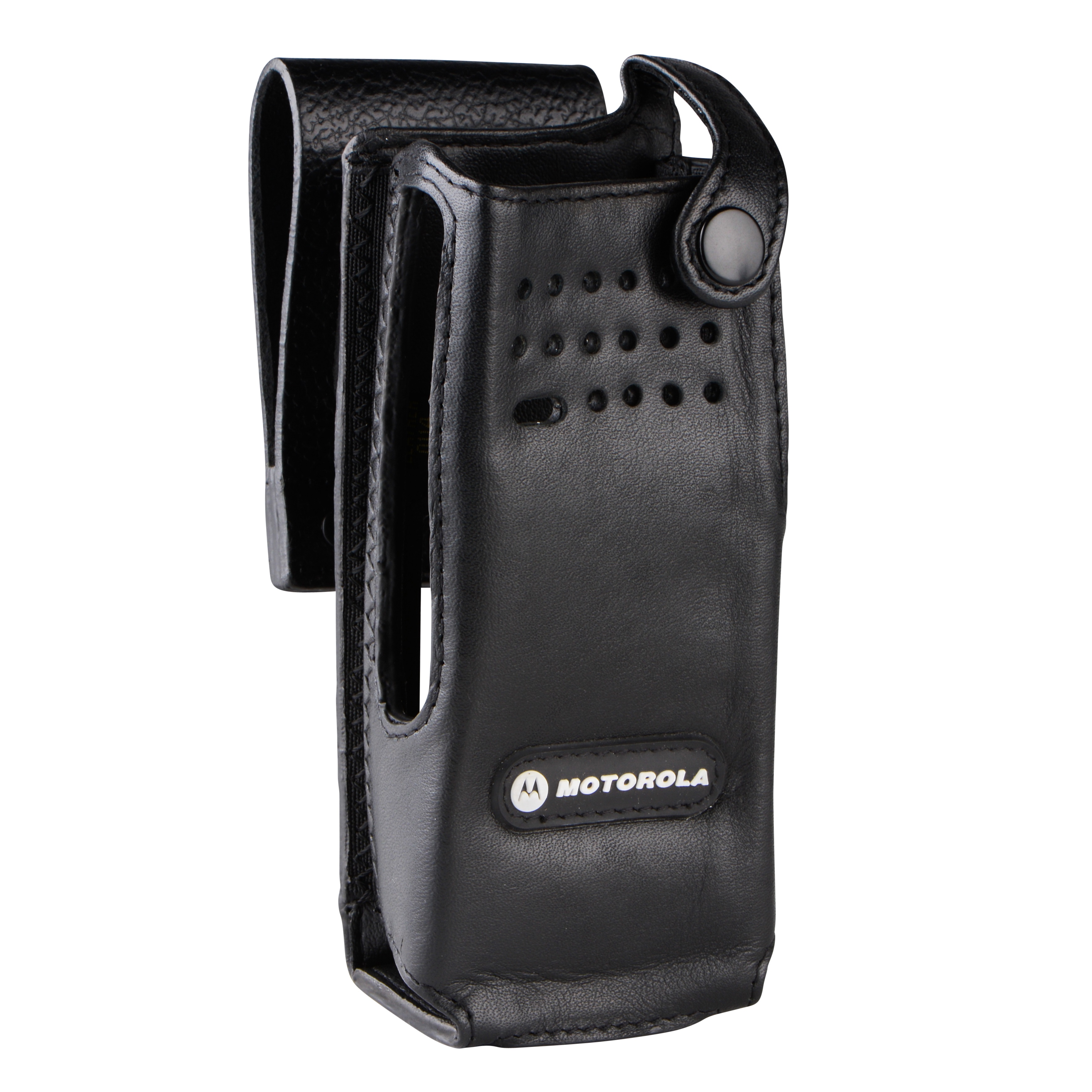 Zwarte lederen hoes voor een draagbaar Motorola-apparaat met riemclip.