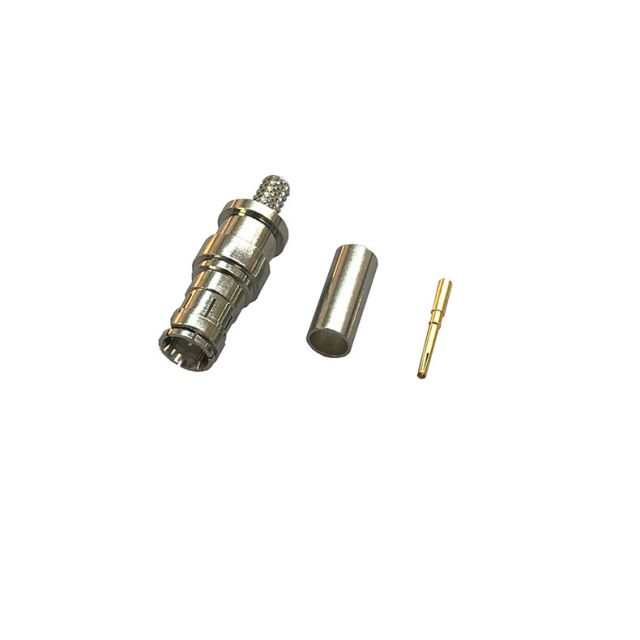 Three-part metal connector: main body, sleeve, small pin.