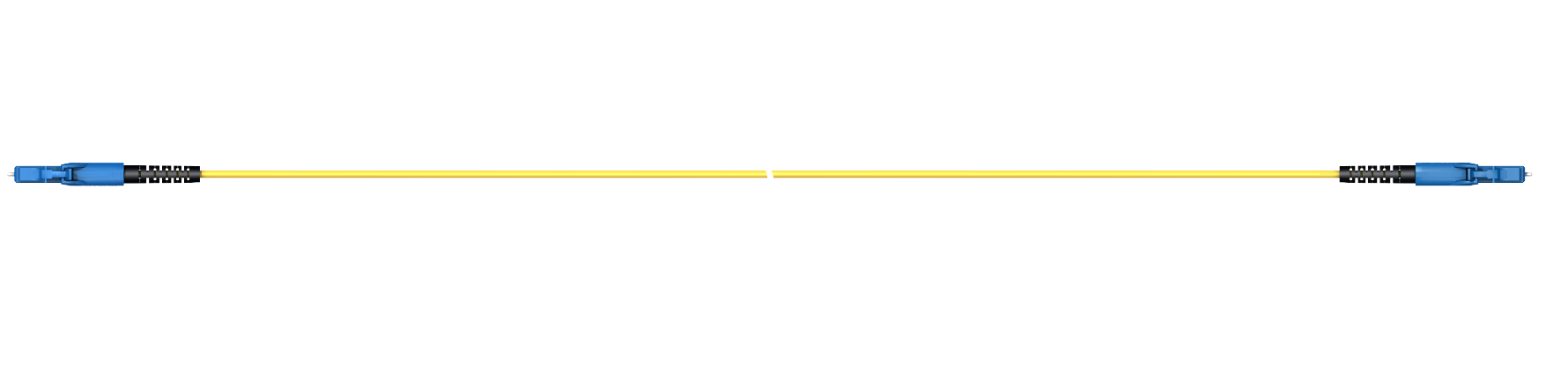 Câble à fibre optique jaune avec connecteurs bleus aux deux extrémités.