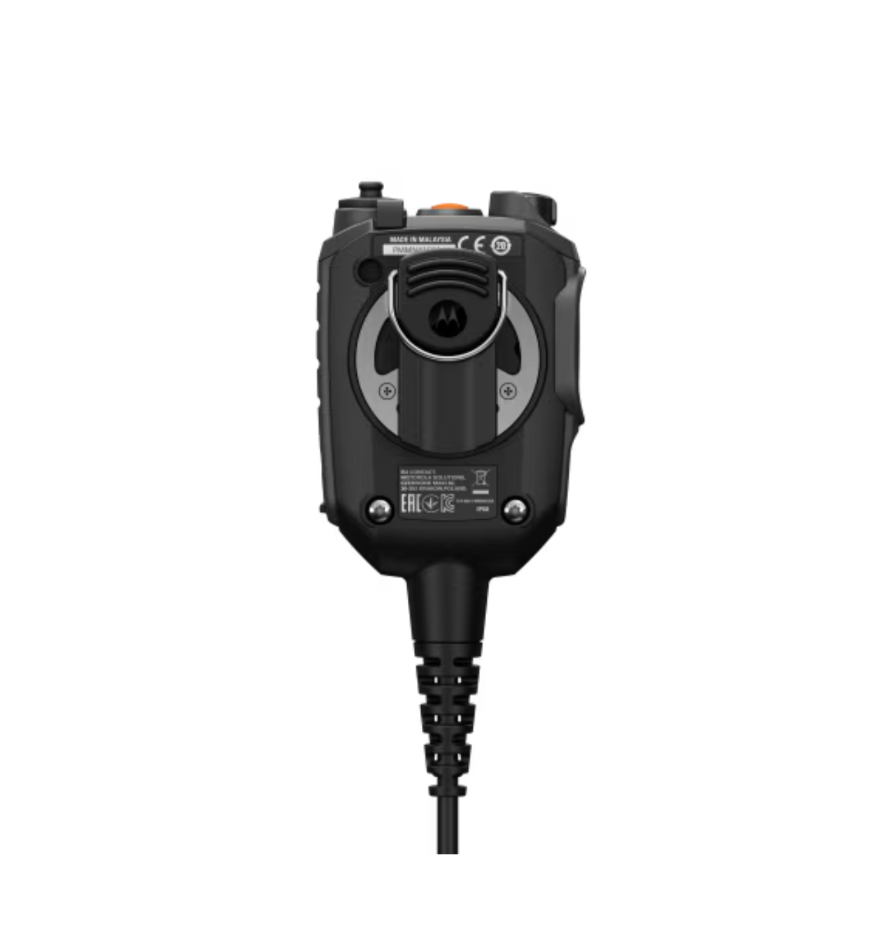 Vooraanzicht van een zwarte handradio microfoon met kabel.