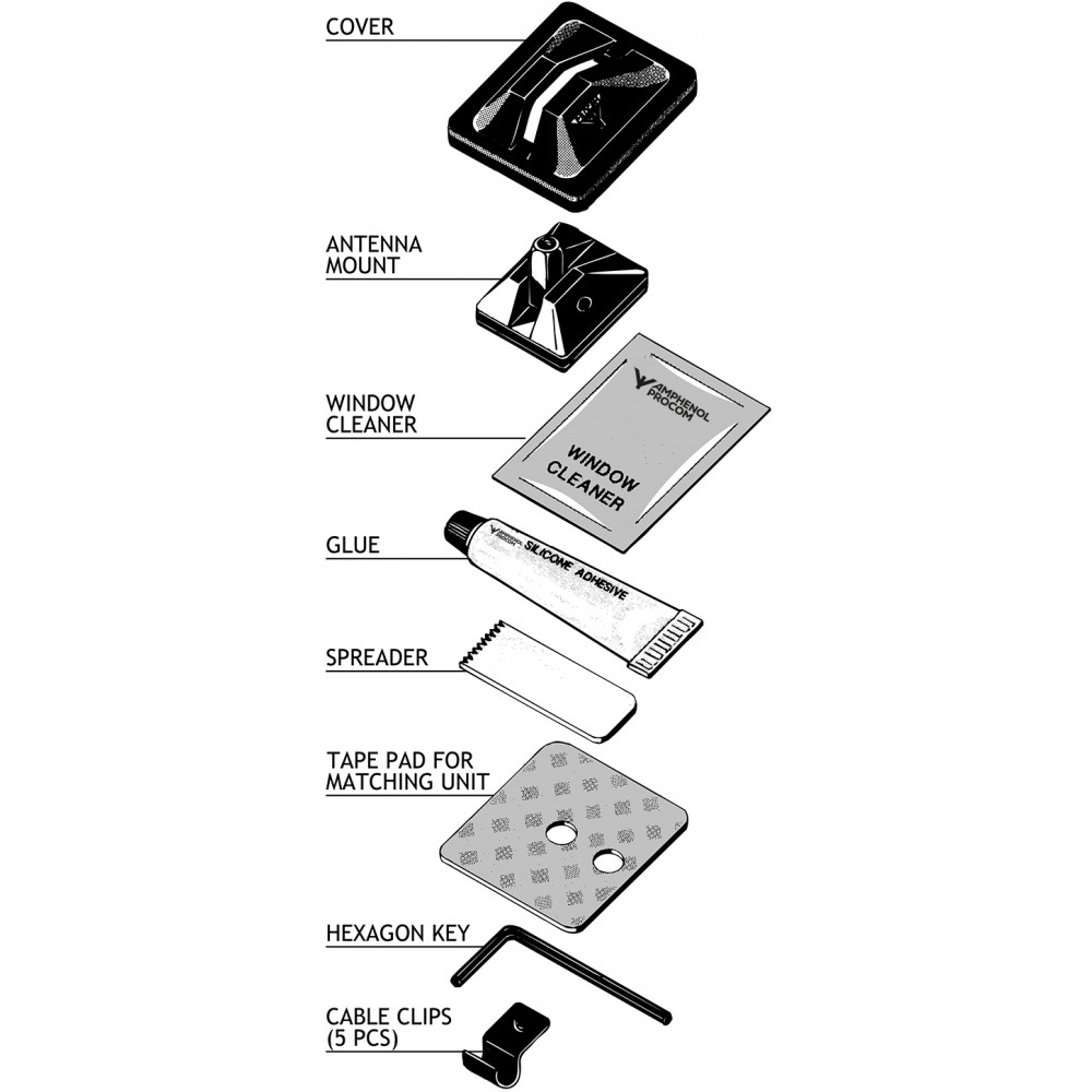 Deksel, antennesteun, raamreiniger, lijm, spreider, tape pad, inbussleutel, kabelklemmen.
