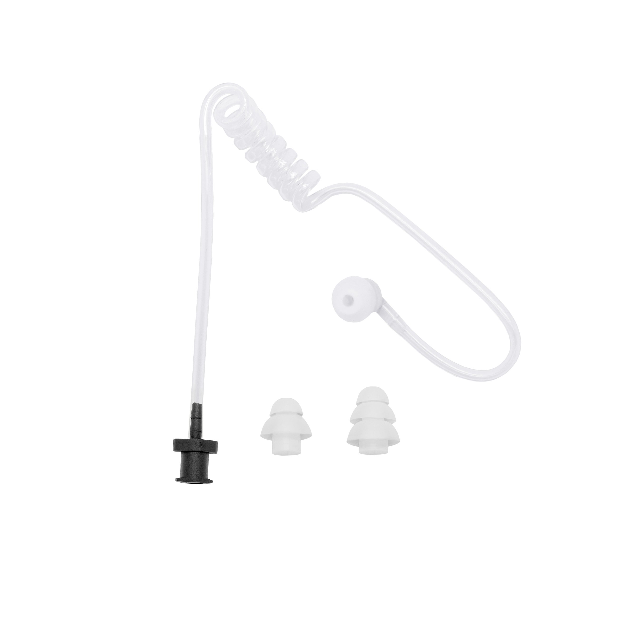 Clear acoustic tube set with two pairs of ear tips and black connector.