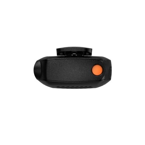 Compacte camera met zwarte behuizing en oranje knop.