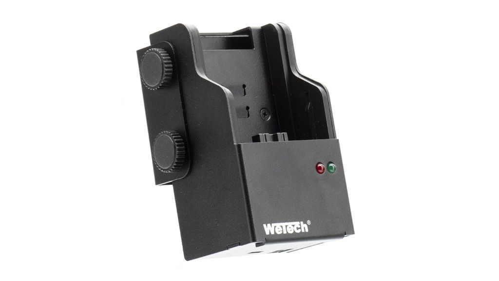 Chargeur noir avec deux boutons et deux voyants LED.