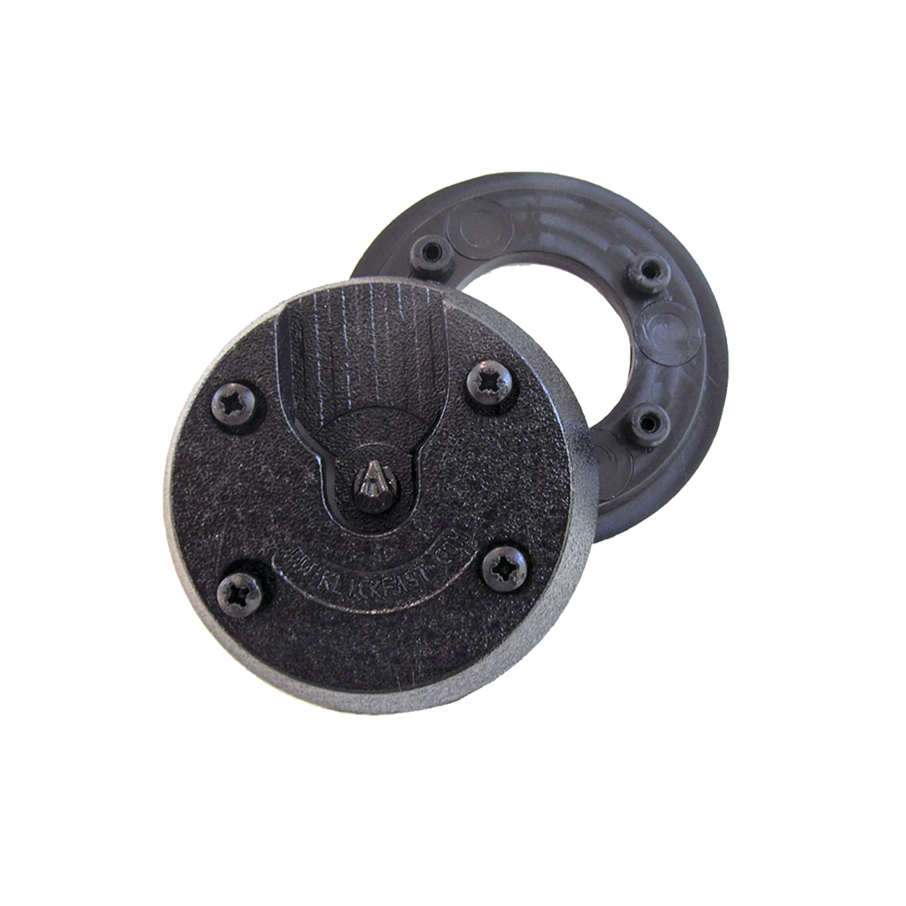 Twee zwarte magnetische bevestigingsringen met schroeven, overlappend geplaatst.
