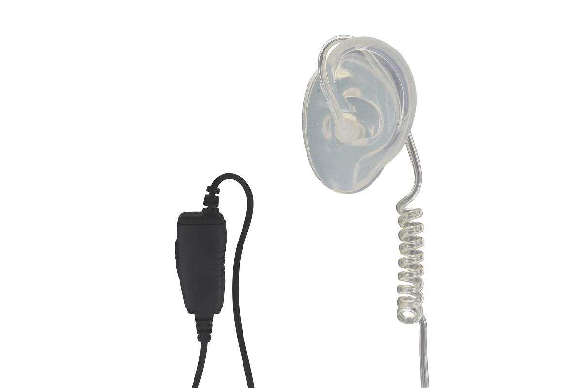 Écouteur transparent avec câble noir et spirale.