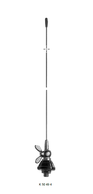 KAT Voertuigantenne, frequentiebereik 64-300 MHz, lengte 1225 mm, 0 dB versterking Voorgemonteerde autoantenne met verstelbare hoek en kabelinvoer.