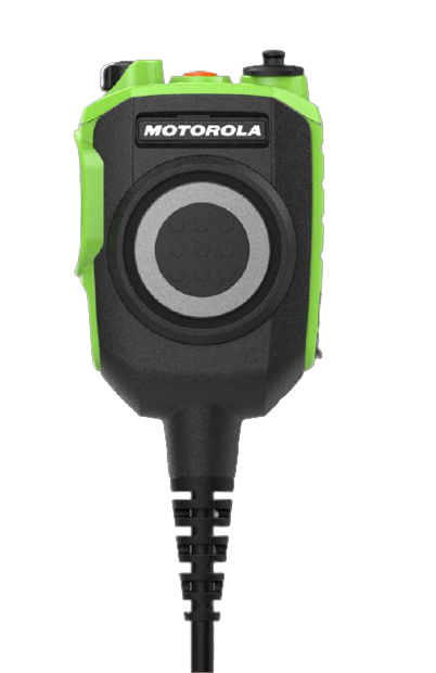 Zwart-groene Motorola-radio met grote luidspreker en bedieningsknoppen bovenaan.
