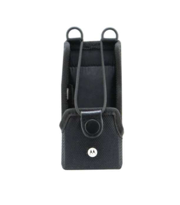 Coque de protection noire avec logo Motorola, deux boucles en haut.