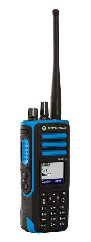 Portofoon met display en knoppen, Motorola-logo, blauwe details.