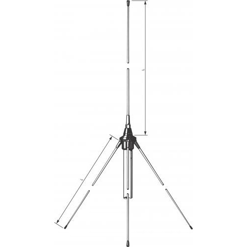 Diagram van een verticale radio-antenne met meerdere elementen.