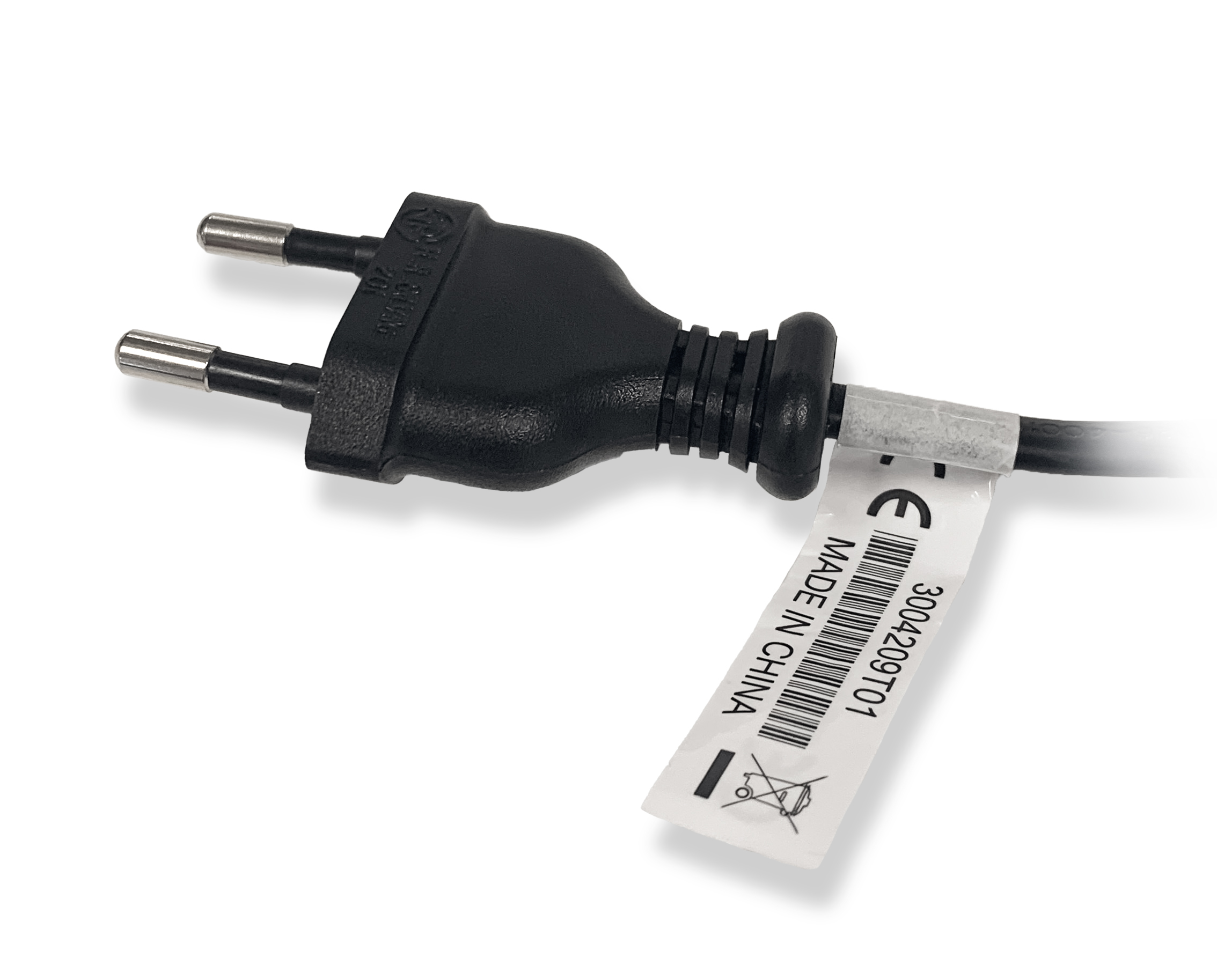 Fiche Euro noire avec étiquette 'Made in China'.