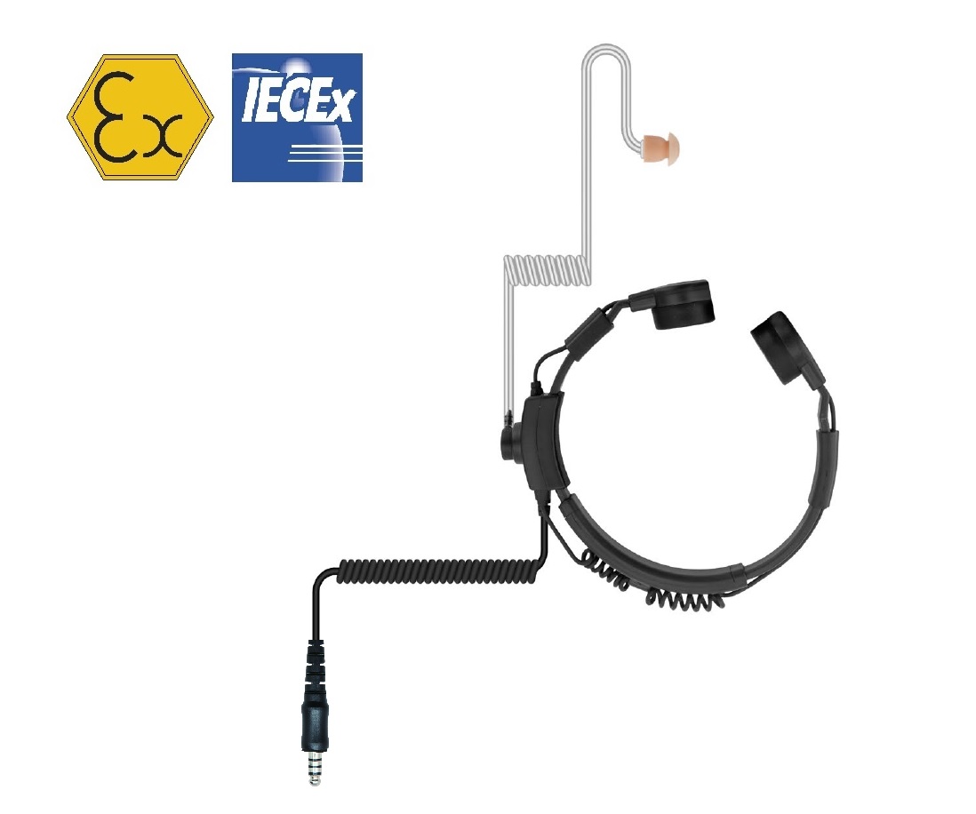 Zwart headset met oordopje en microfoon, IECEx- en Ex-pictogram linksboven.