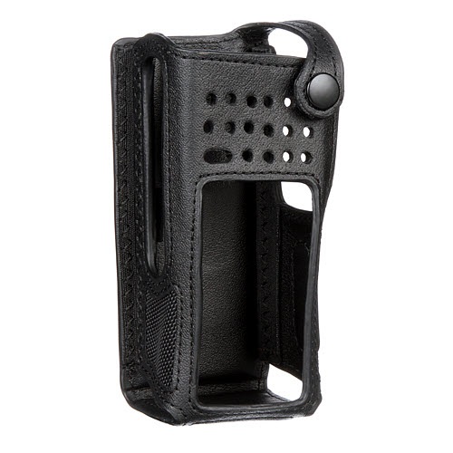 Black leather belt case with cutouts and top snap button