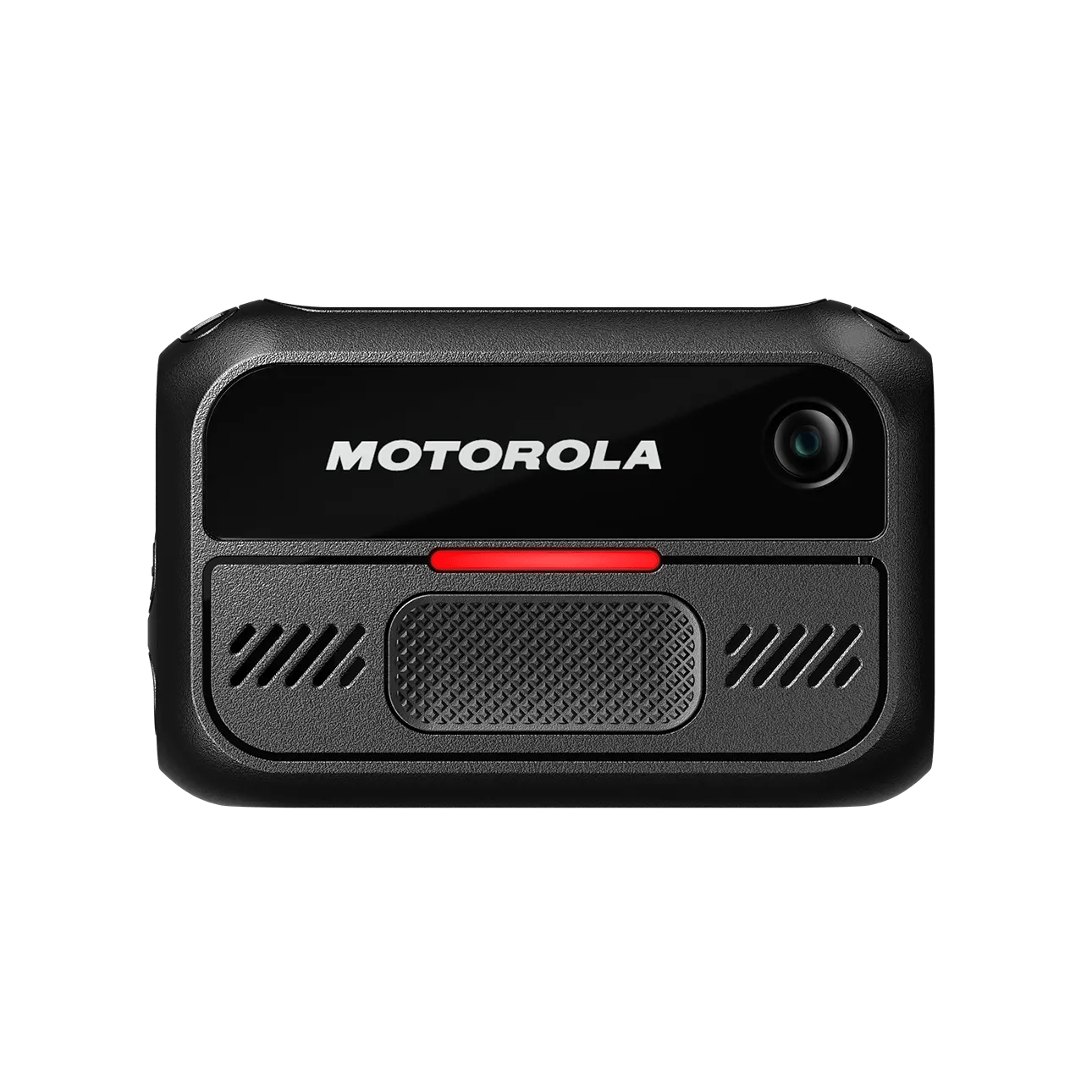 Caméra Motorola noire avec bouton rouge et objectif sur fond vert.