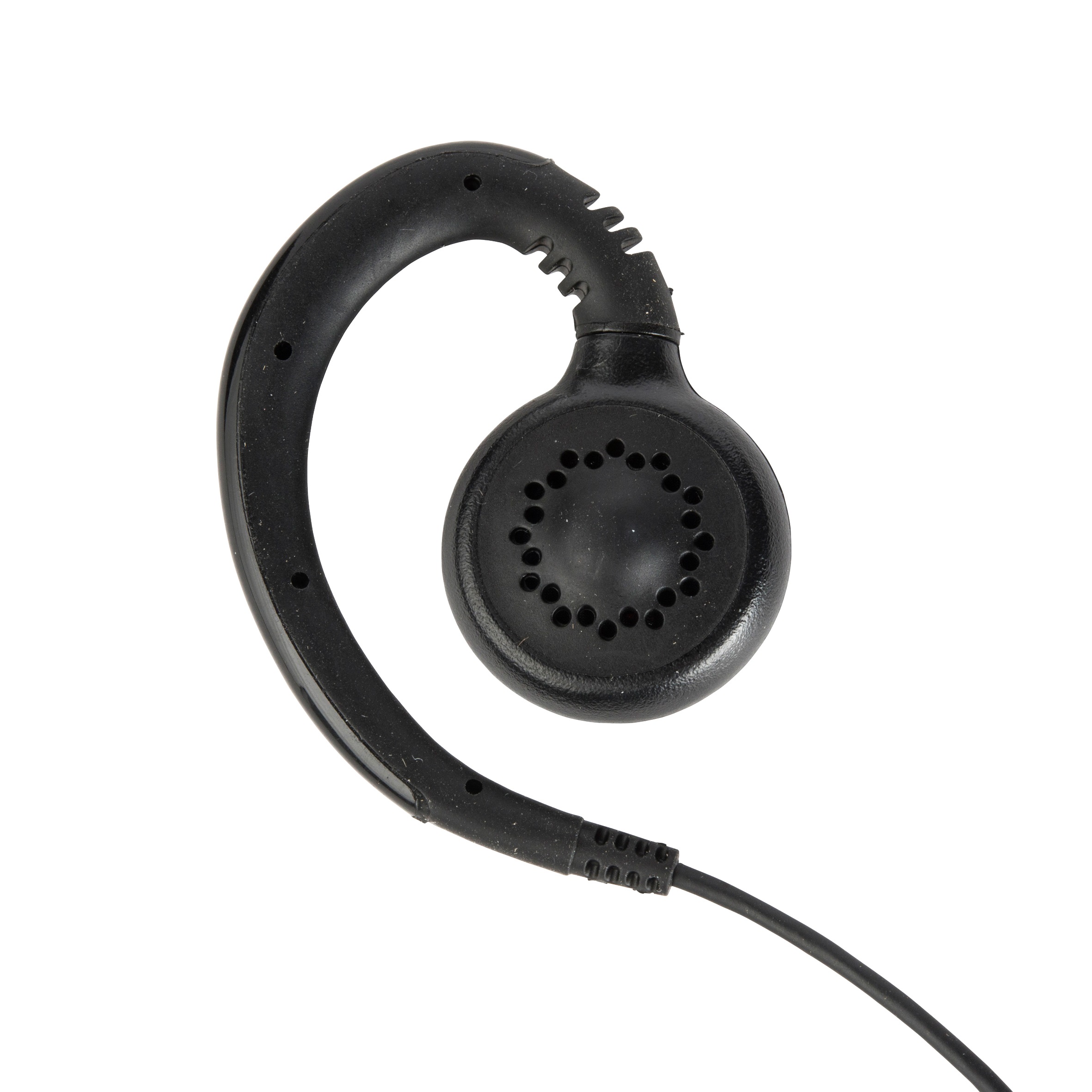 Zwarte oorhaak-koptelefoon met kabel.