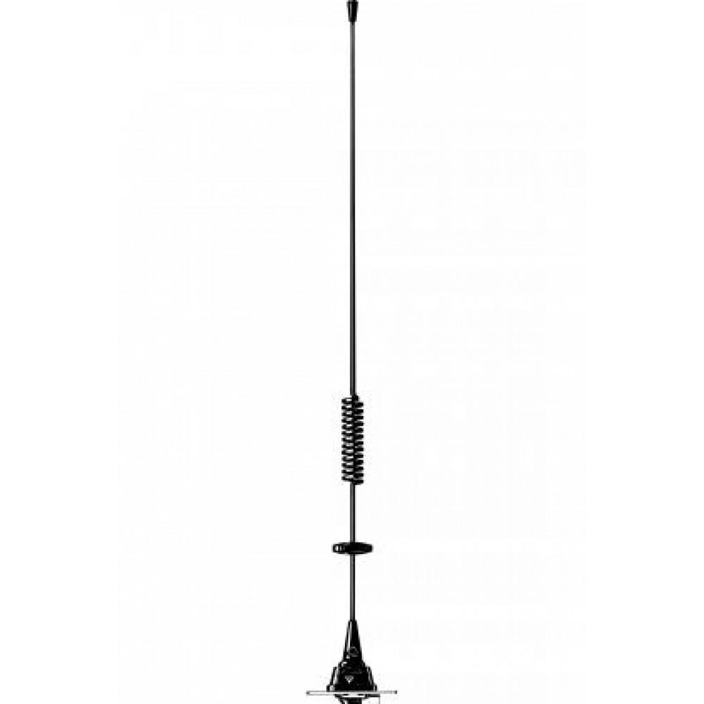 Zwarte, verticale radioantenne met spiraalveer en magnetische voet.