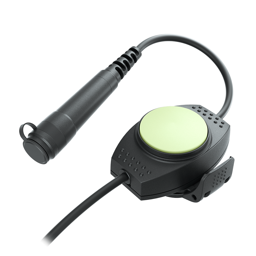 Black flashlight with a green button and cable.