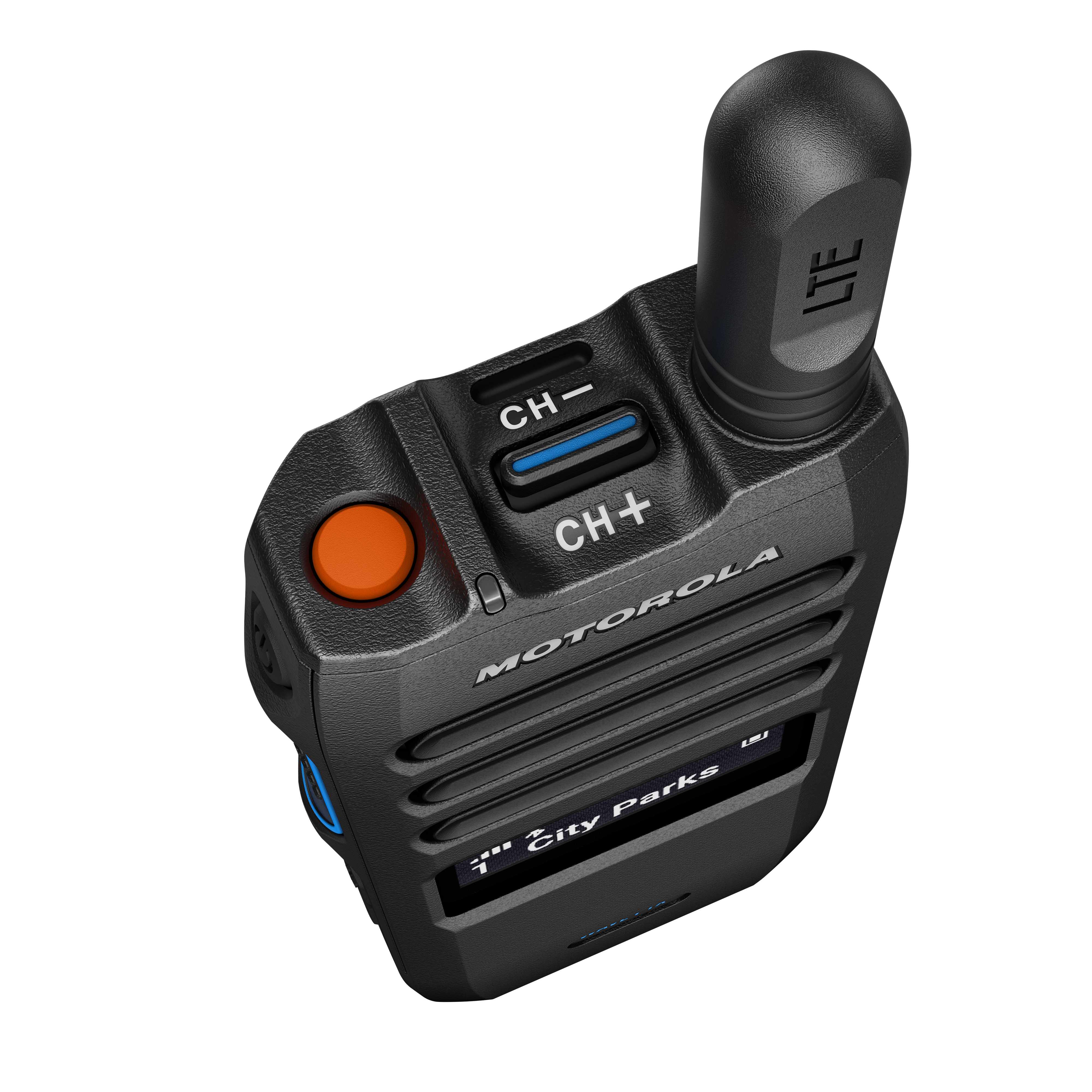 Handheld radio with antenna, volume control, and display.