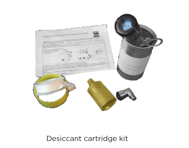 Desiccant cartridge kit with instructions, cartridge, seals, and valve.