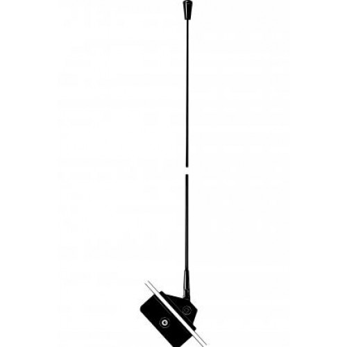 Zwarte antenne met vierkante basis en lange staaf.