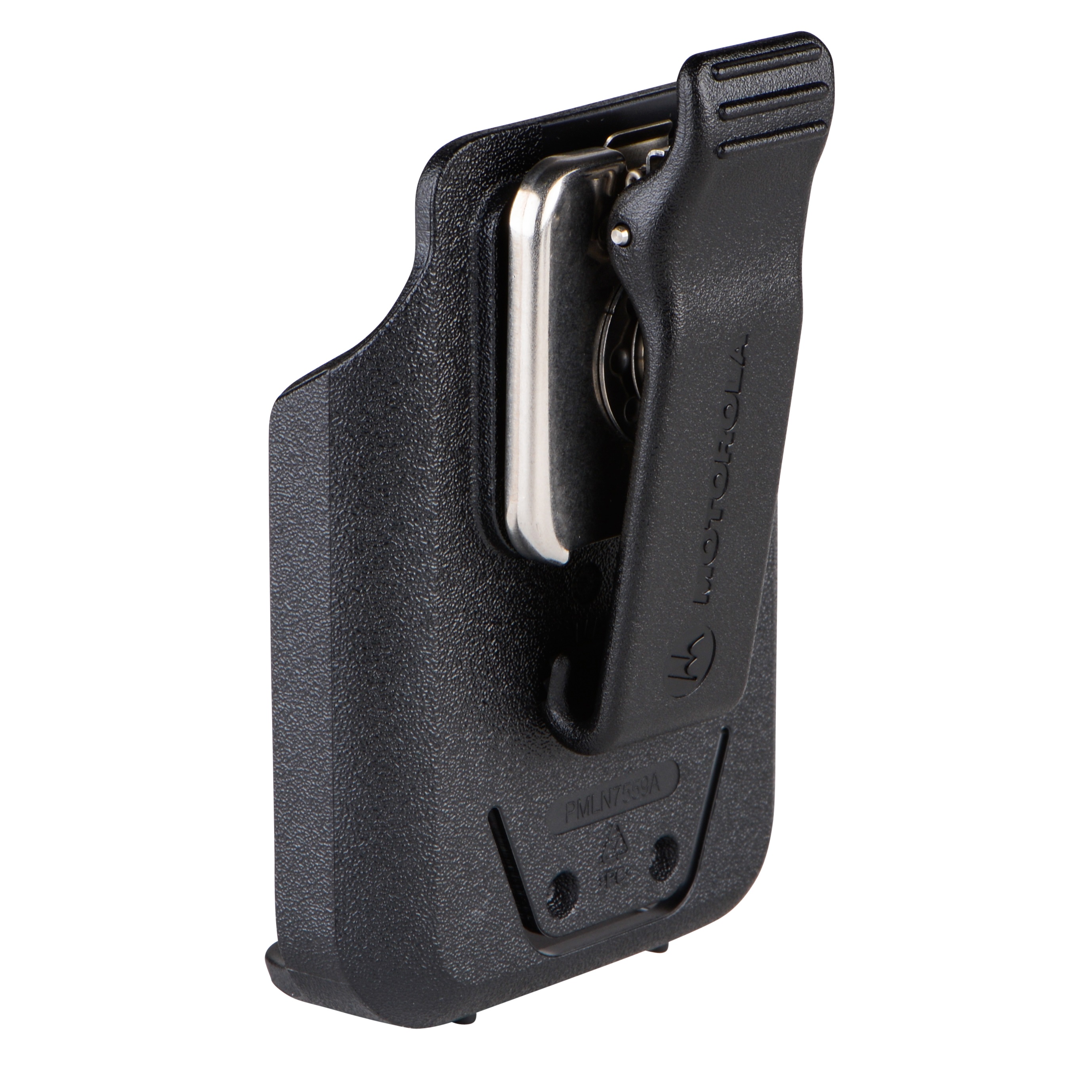 Zwart-zilveren houder met plastic clip voor mobiele apparaten.