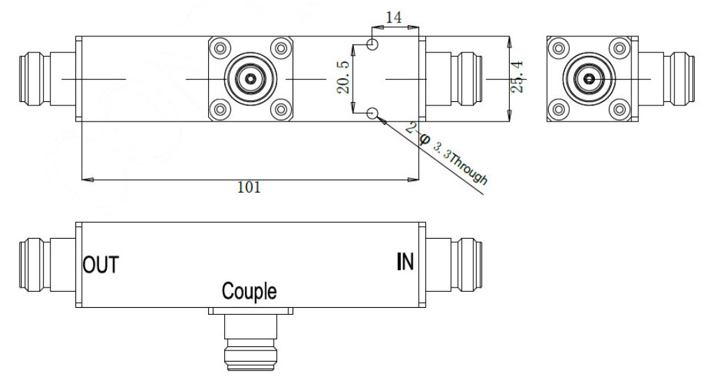 7000-00615900_rfs_01.jpg Technische tekening van een coaxiale koppelaar met afmetingen.
