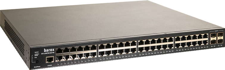 Netwerkswitch met 48 Ethernet-poorten en twee SFP-poorten.