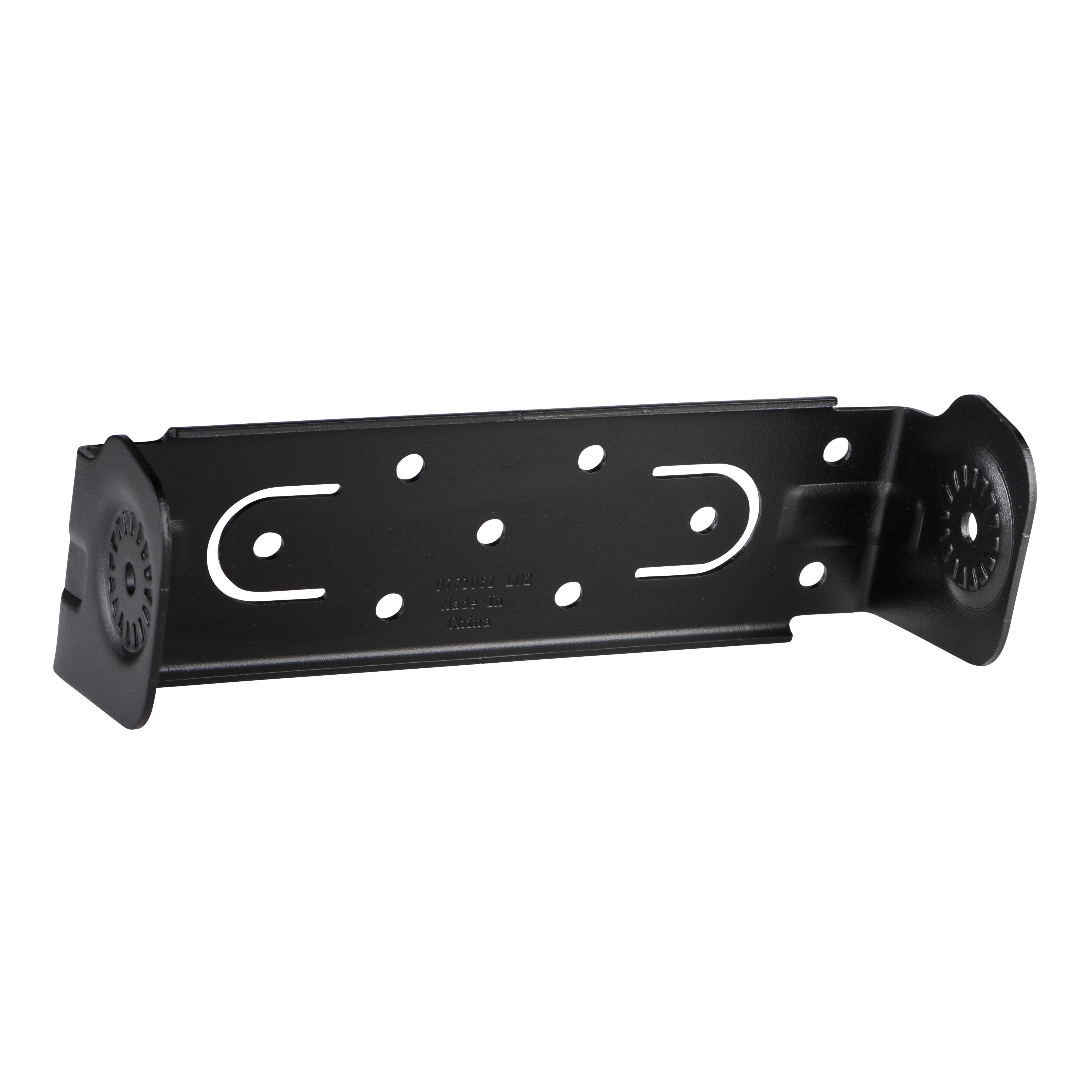 Zwart metalen beugel met meerdere schroefgaten.