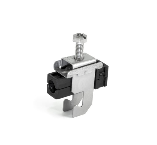 Metal clamp with screw and black plastic component