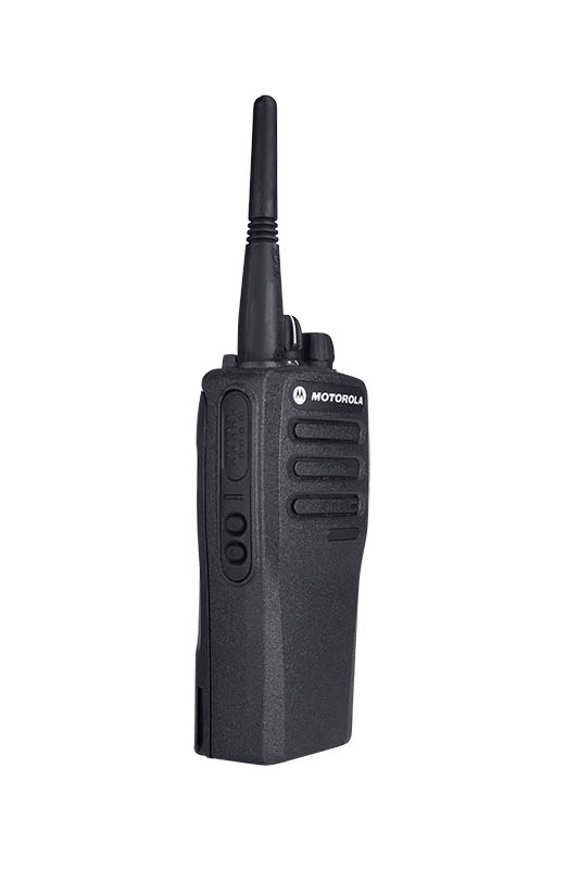 Black walkie-talkie with antenna and speaker grills.