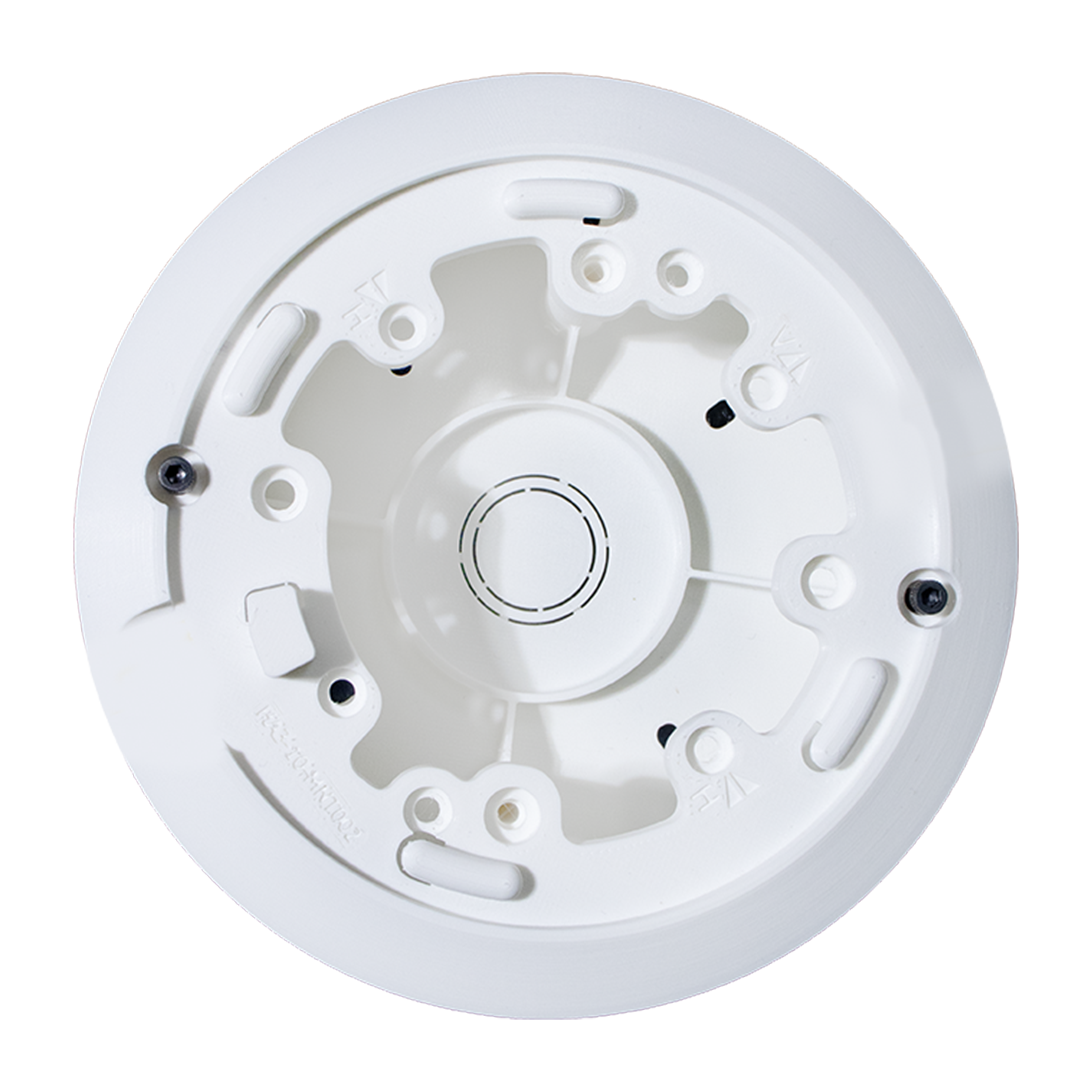 Ronde, witte montageplaat met meerdere schroefgaten.