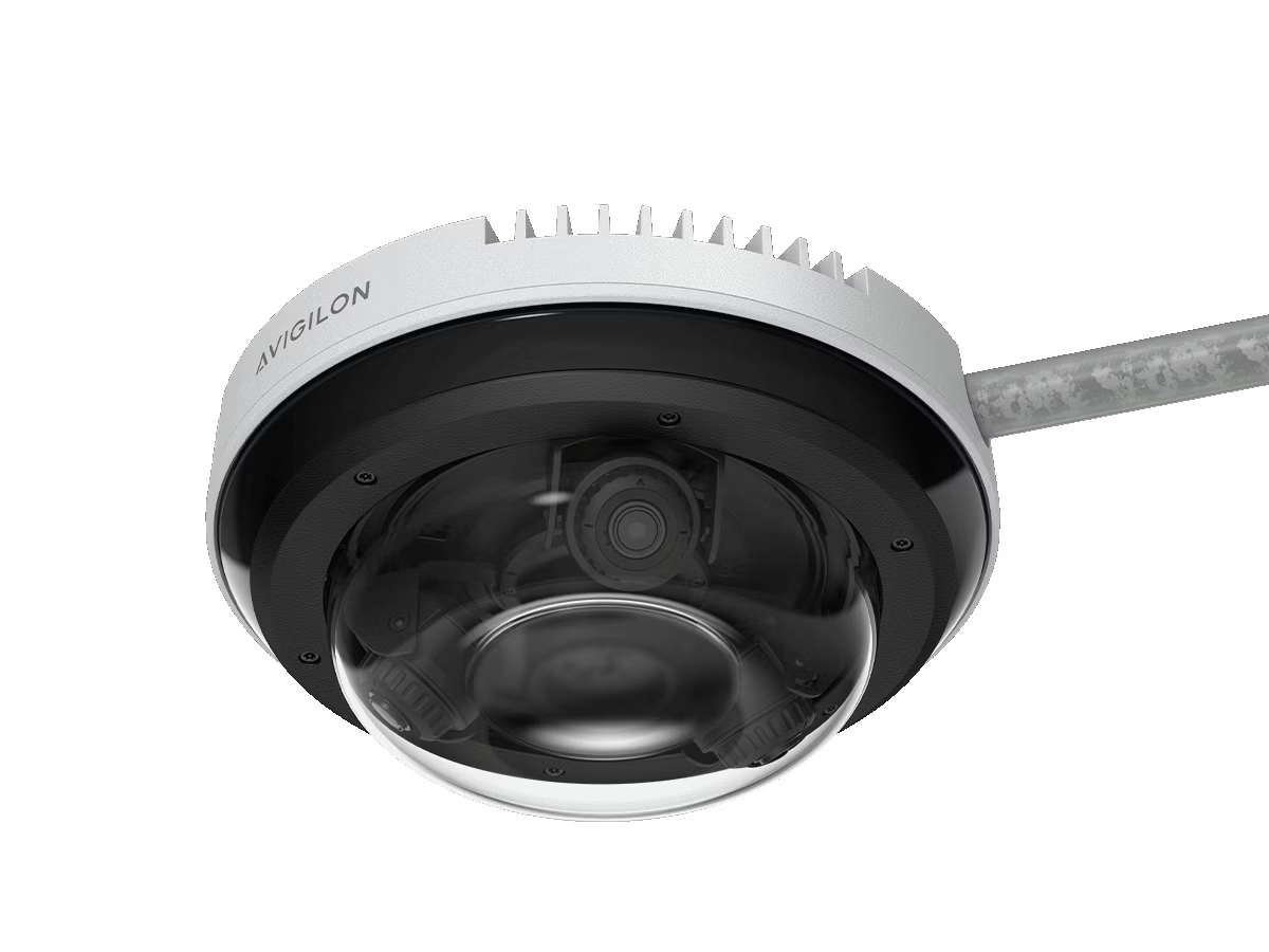 Round surveillance camera with glass dome and metal mount.