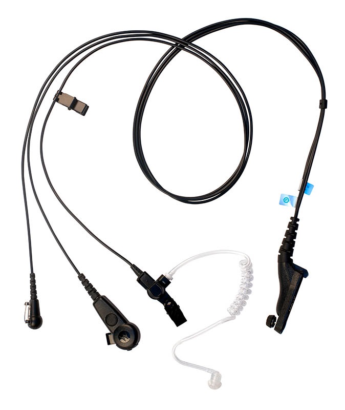 Zwarte headset met transparant oordopje en microfoon.