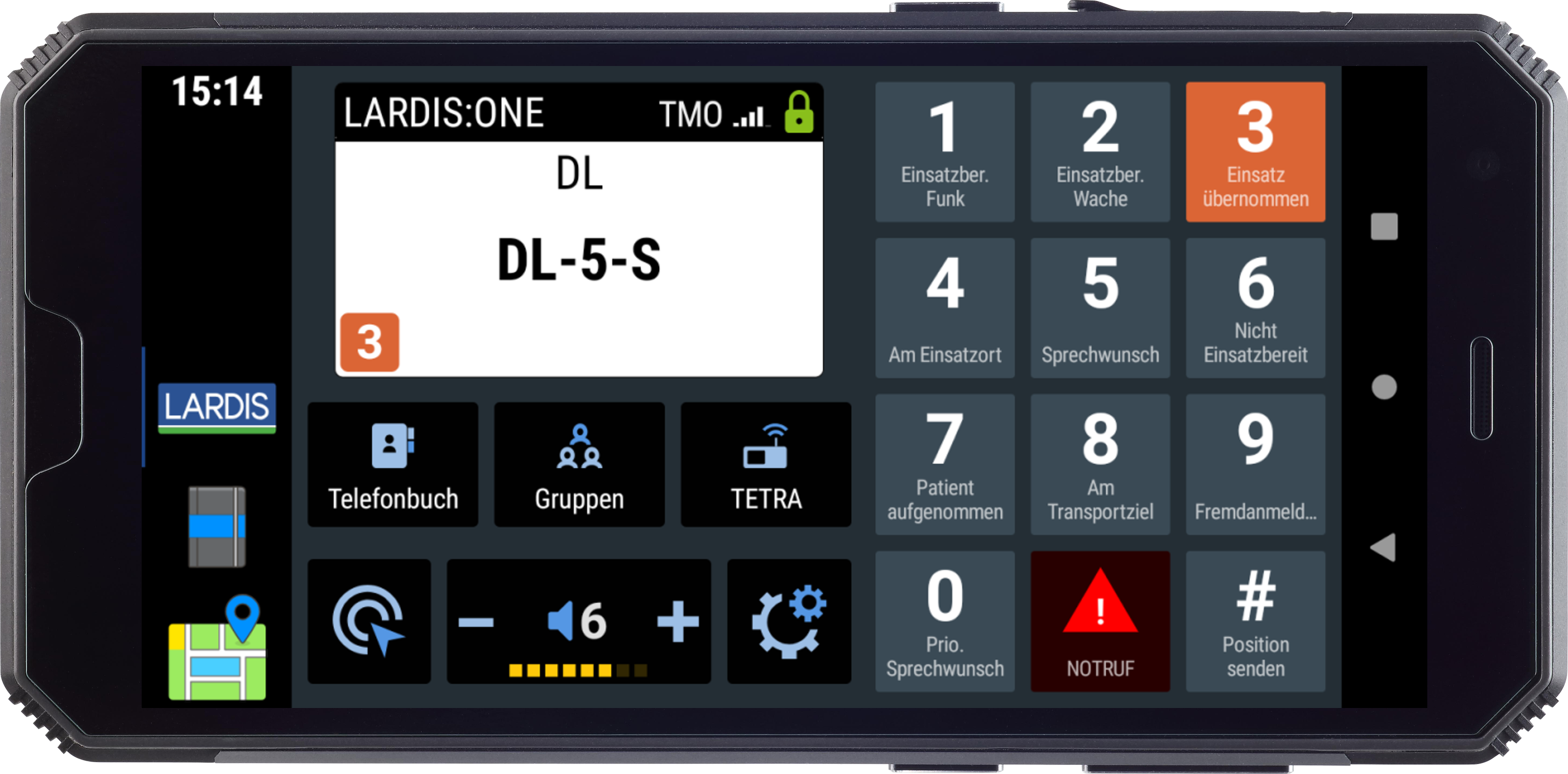 Mobiel apparaat met missieregelscherm en knoppen voor noodoproep, contacten, groepen en volume.