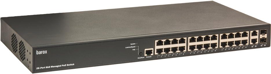 26-poorts Ethernet-switch met PoE-ondersteuning en zwarte behuizing.