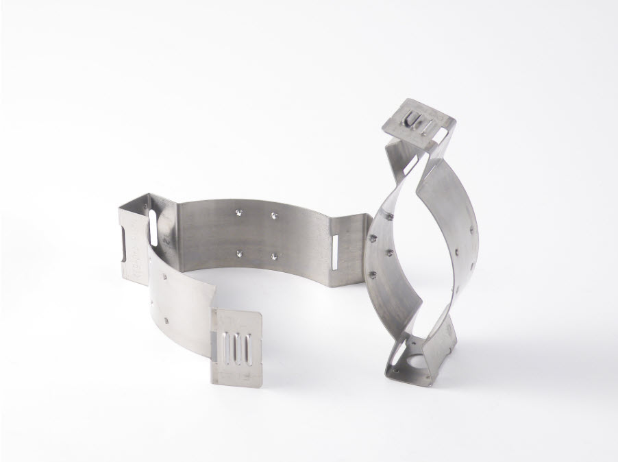 Metal clamp for mounting in a round shape with screw holes.