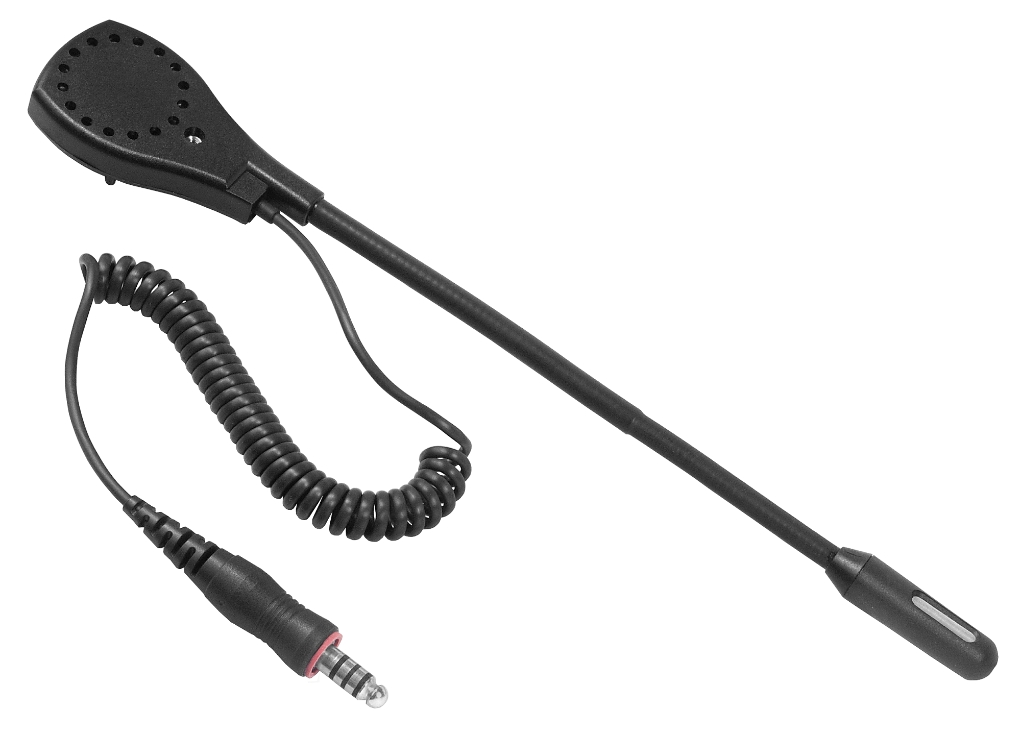 Zwart kabelmicrofoon met spiraalkabel en 3,5mm plug.