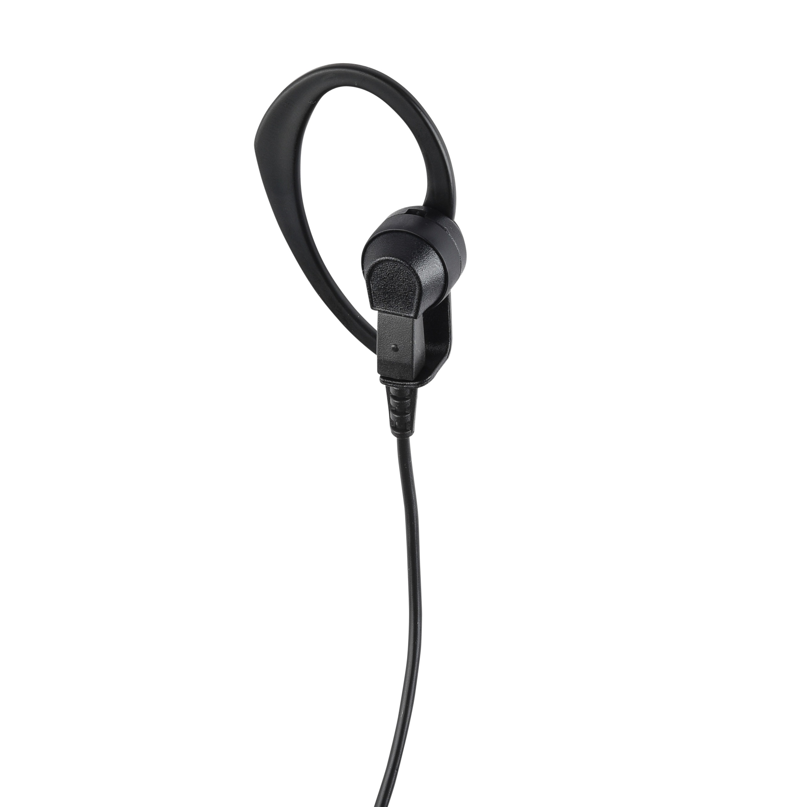 Black ear-hook headphone with cable.