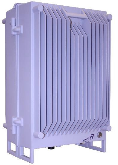 Witte gesloten metalen doos met verticale lamellen en handvat bovenop.