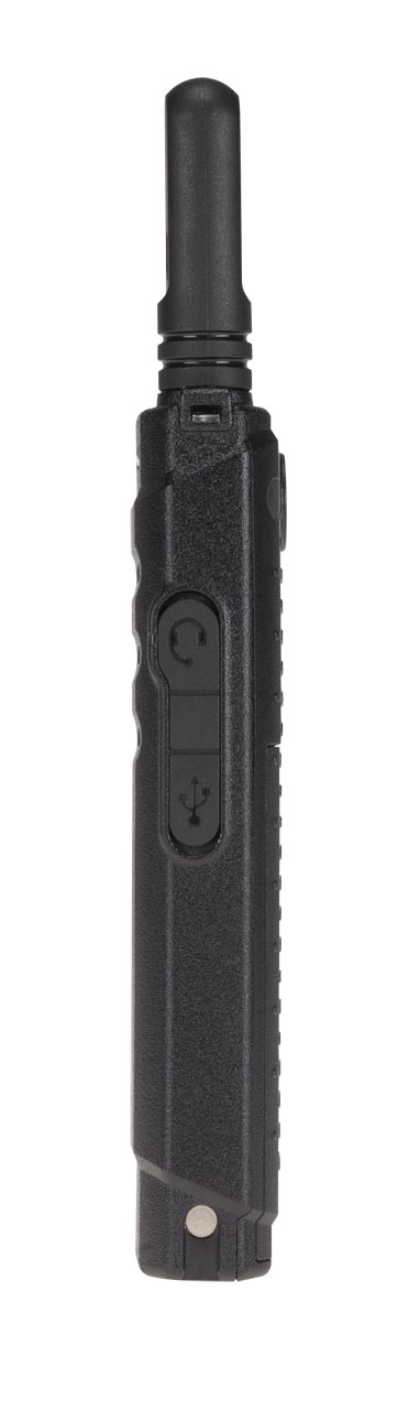 Appareil rectangulaire noir avec boutons symboles latéraux et antenne.