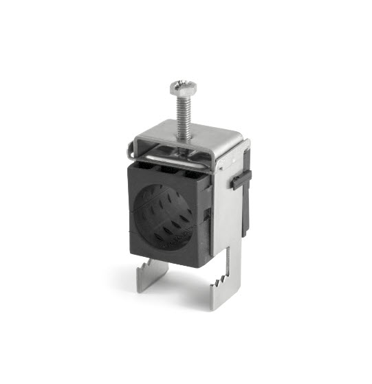 Metal clamp with screw, used for securing pipes.