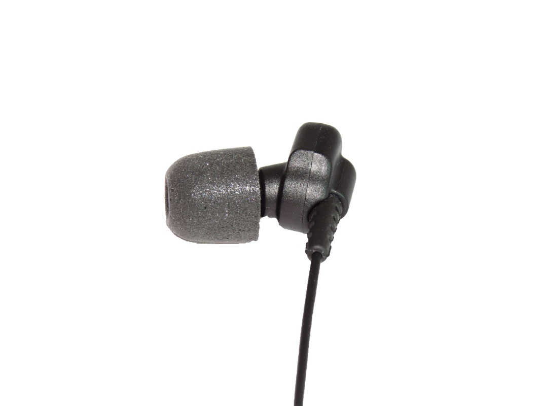 Zwarte in-ear koptelefoon met grijze oordop.