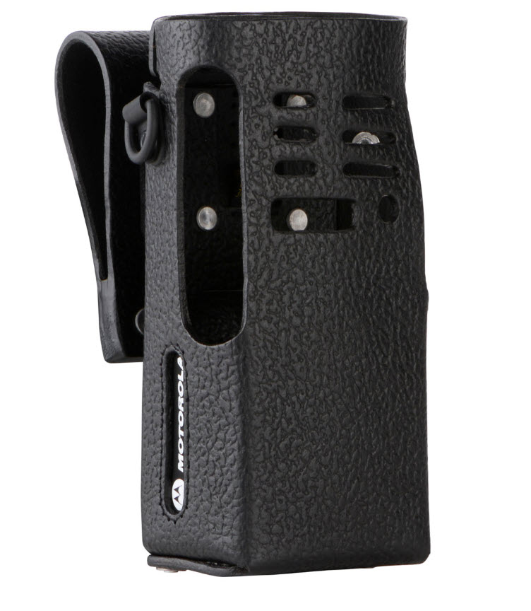 Black leather case with openings and belt clip.